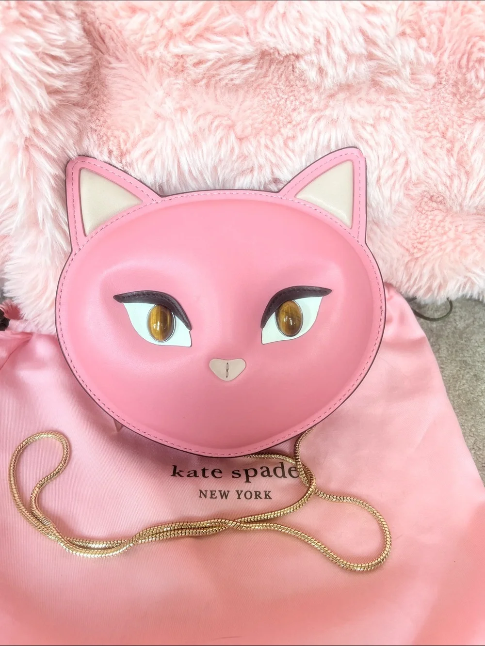 kate spade Pink Cat Face Crossbody Bag gold chain